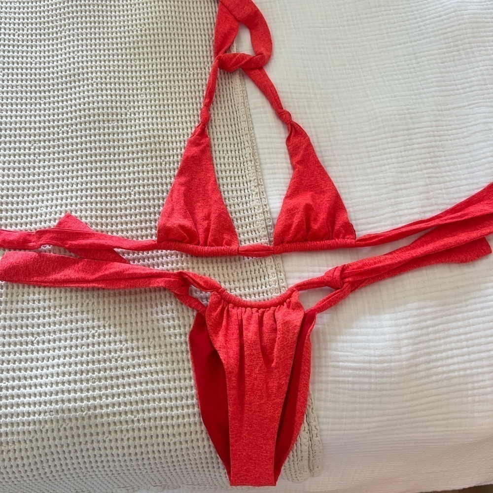 Zara Red Bikini Bottoms Ruched Side Tie String Swim EU 42 Size XL